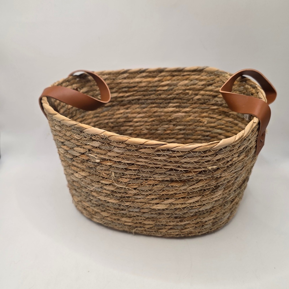 Woven Seagrass Storage Basket Oval Brown Faux Leather Handles Rustic Farmhouse